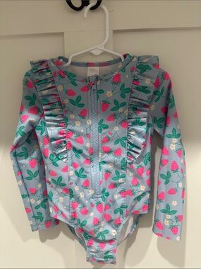 Cat & Jack Girls' Blue One-Piece Rash Guard with Pink Strawberry Print